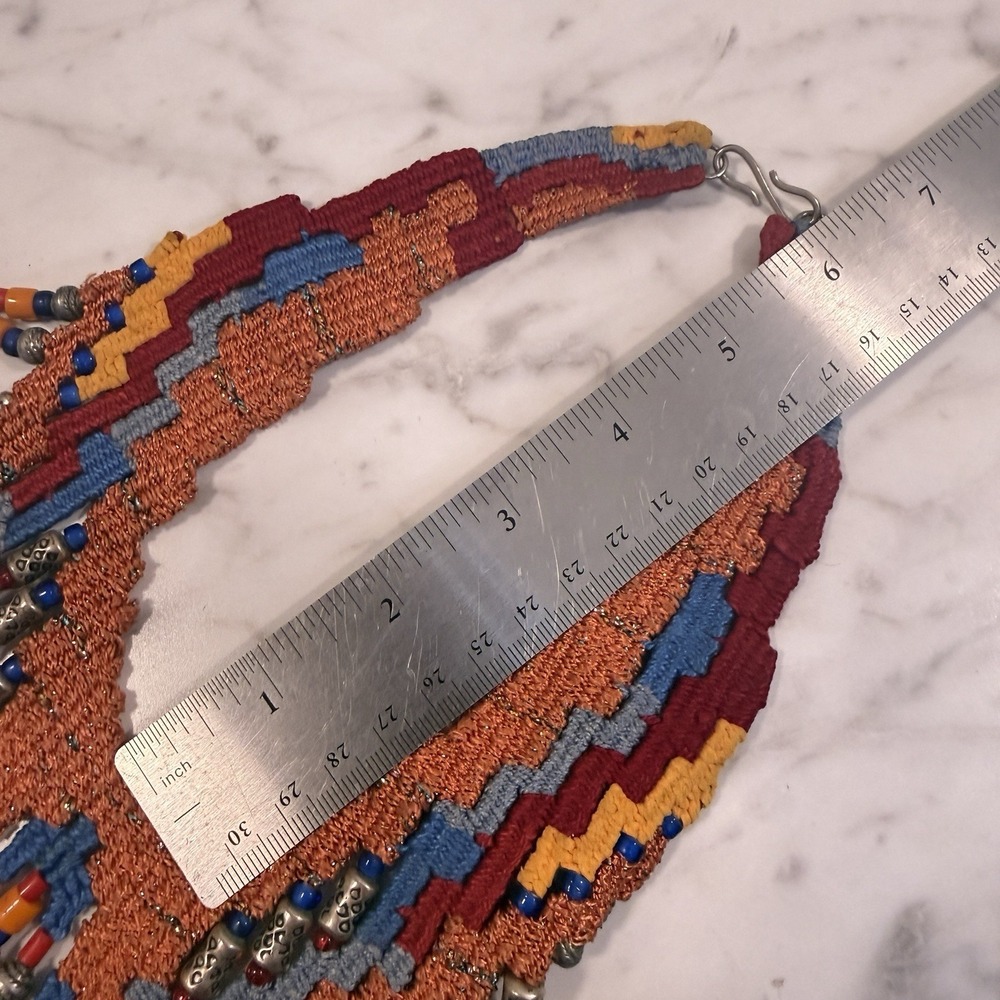 Artisan Woven Tapestry Fabric Beaded Ethnic Bib Necklace Helen Banes Style - Picture 8 of 10